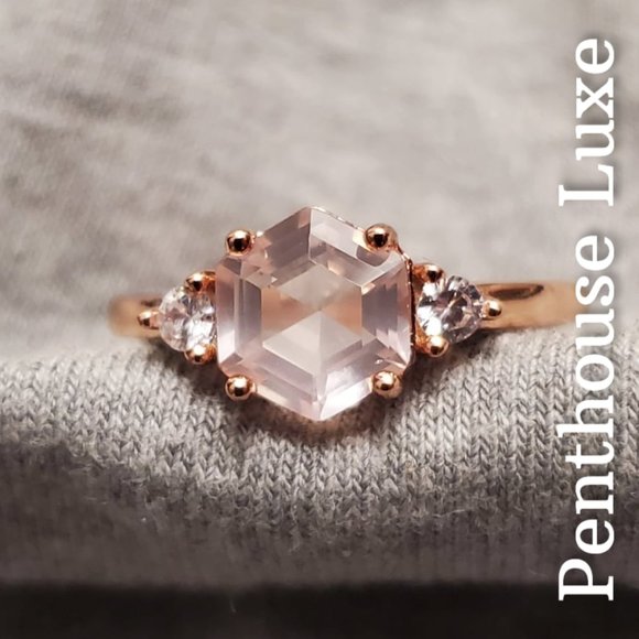 REAL Rose Quartz Hexagon Rose Gold 925 Ring - Picture 6 of 7
